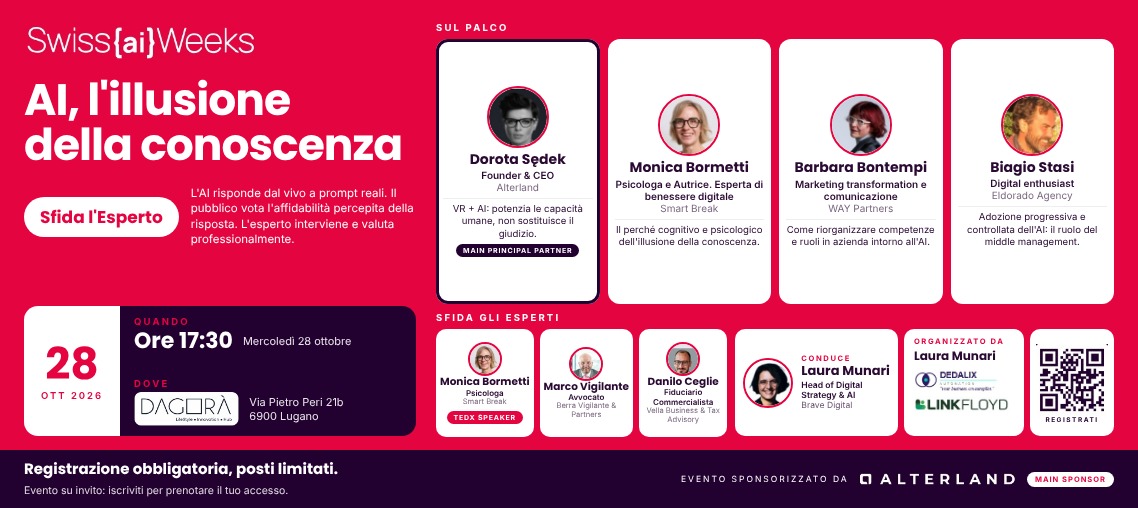 Locandina Swiss AI Weeks: AI, l’illusione della conoscenza, 28 ottobre 2026 a Lugano. Speaker, esperti e partner dell’evento.